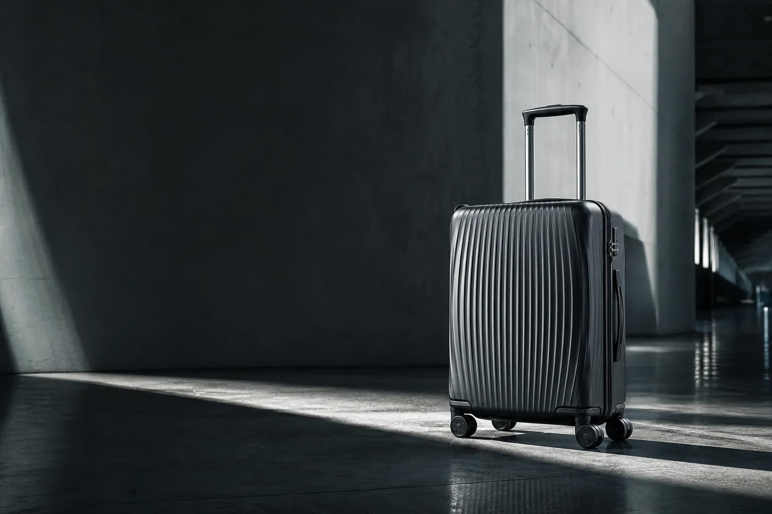 Hardshell carry-on suitcase in a minimal concrete interior