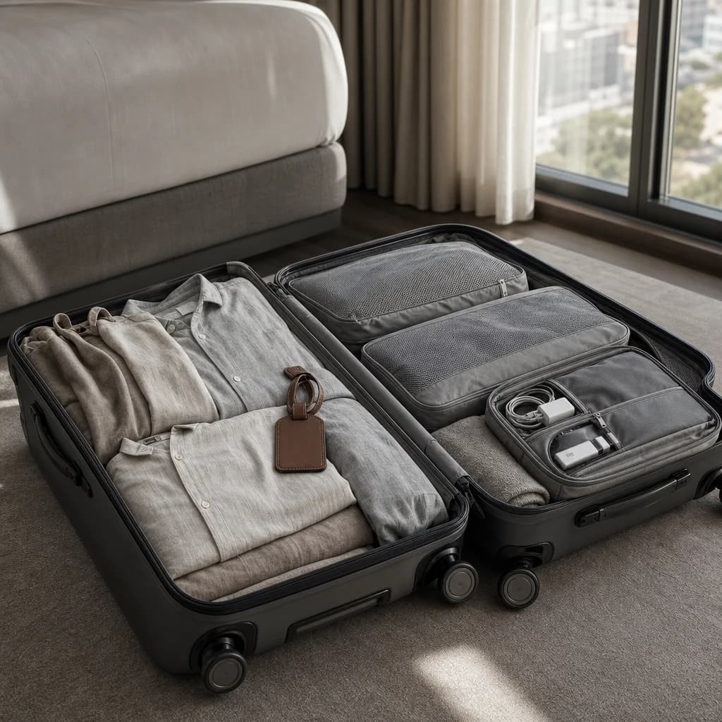 Packed suitcase in a sunlit room