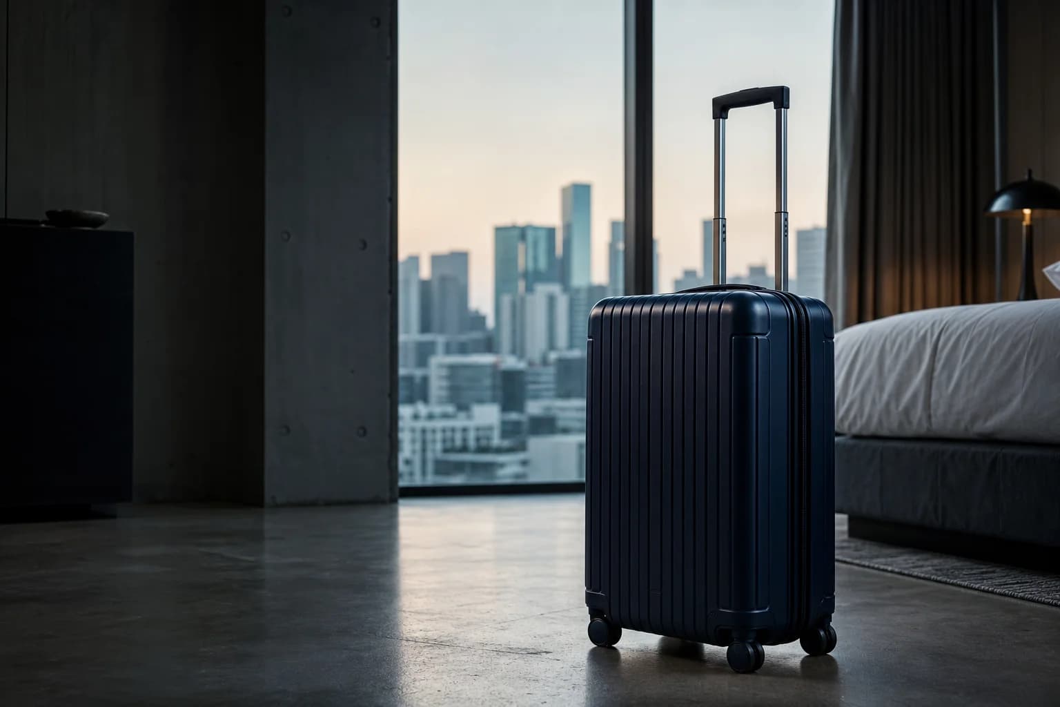 Altezza carry-on standing in a quiet hotel room at dawn