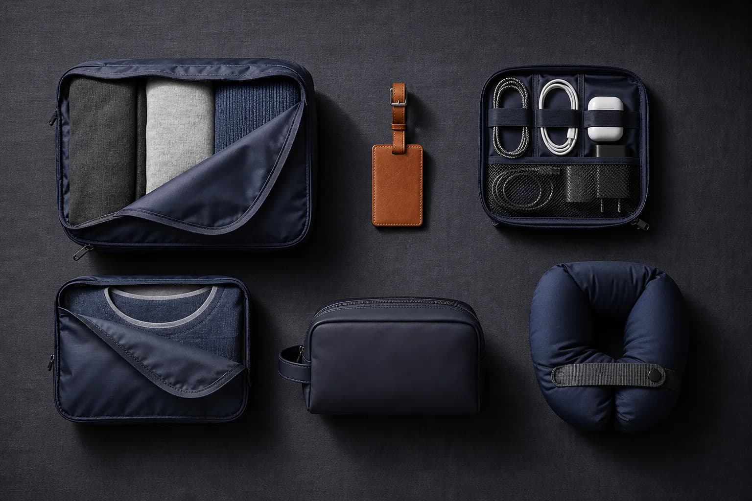 Altezza travel accessories laid out — packing cubes, leather tag, tech pouch and dopp kit